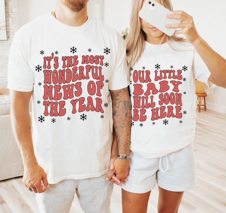 Couples Christmas Pregnancy Announcement Shirt, Baby Reveal T Shirt, Parents To Be Pregnant Christmas Gift, Unisex Short Sleeve Tee Shirt