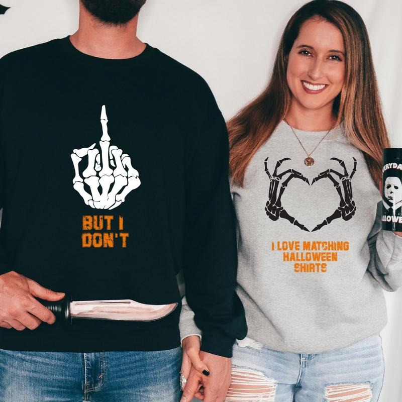 Couples Halloween Sweatshirt, I Love Matching, But I Don't Hoodie, Skeleton Hands Wife And Husband Sweater, Spooky Season Matching Long Sleeve Gift.