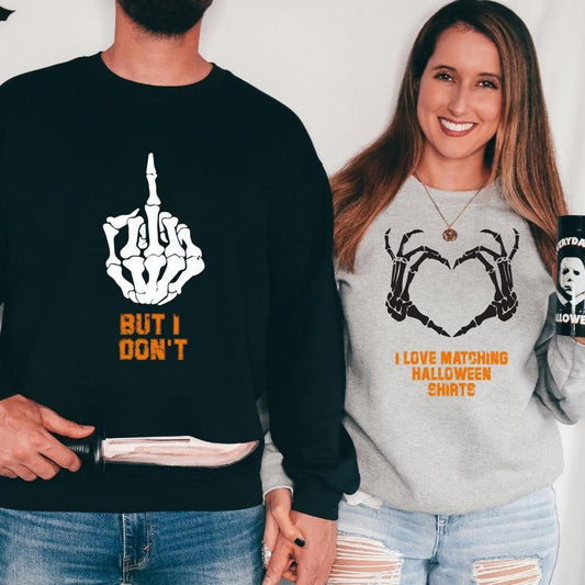 Couples Halloween Sweatshirt, I Love Matching, But I Don't Hoodie, Skeleton Hands Wife And Husband Sweater, Spooky Season Matching Long Sleeve Gift.