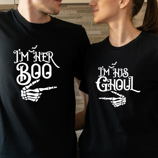 Couples Halloween T-Shirt, I'm His Ghoul Shirt, I'm Her Boo Tee, Matching Halloween Party Tee, Skeleton Hand Wife Husband Tees