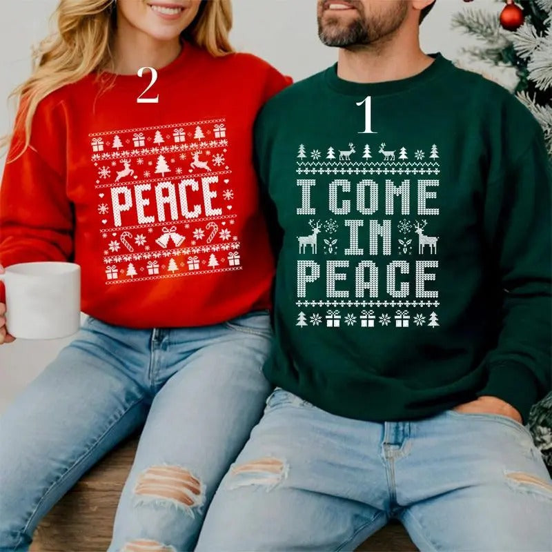 Couples Ugly Christmas Sweatshirt , I Come In Peace Couples Funny Matching Ugly Christmas Sweater, Ugly Christmas Party Sweatshirts, Xmas Humor