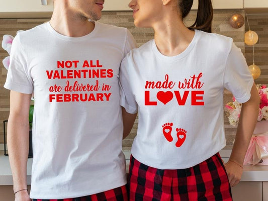 Couples Valentines Day Pregnancy Announcement Shirt, New Mom Gift T-Shirt, Funny Baby Reveal Short Sleeve, Baby Shower Tee, Maternity Pregnant Shirt.