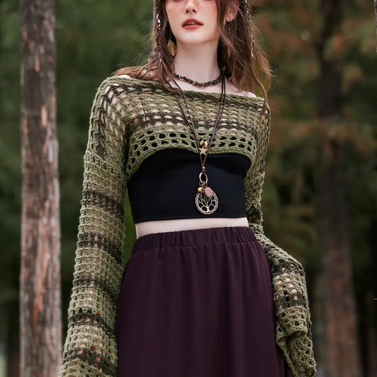 Cover Up Top Crochet Hollow Out Long Sleeve Bathing Suit Cover Up Cropped TopY2K