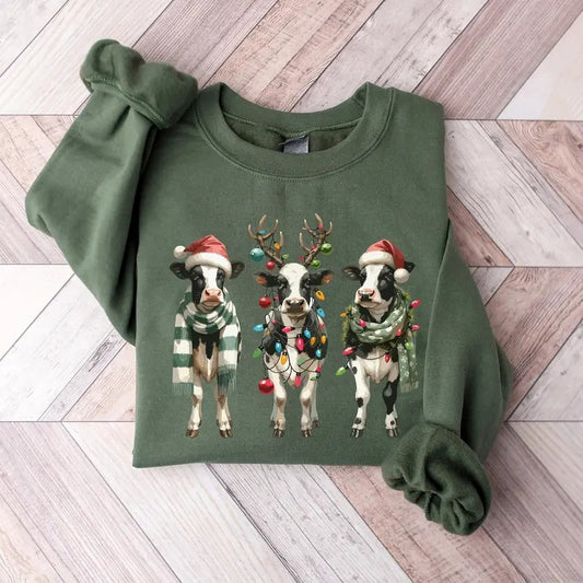 Cow Christmas Sweatshirt, Christmas Cow Sweater, Christmas Lights Shirt, Farm Christmas Shirt, Cow Lover Shirt, Xmas Christmas Crewneck, Womens Christmas Shirt, Cow Shirt