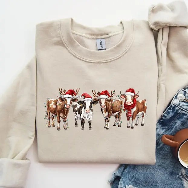 Cow Christmas Sweatshirt, Farm Christmas Shirt, Cow Lover Gift, Christmas Cow Sweater, Christmas Crewneck, Women Christmas Shirt, Cow Tshirt