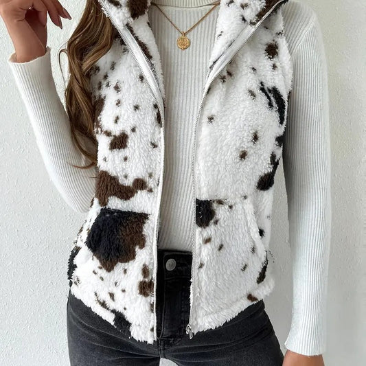 Cow Print Fleece Fuzzy Zip Up Vest Jacket Sleeveless Outwear with PocketsY2K