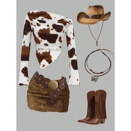 Cow Print One Shoulder T Shirt Y2k Long Bell Sleeve Tees Ruched Asymmetrical Crop Tops Western Outfit Top