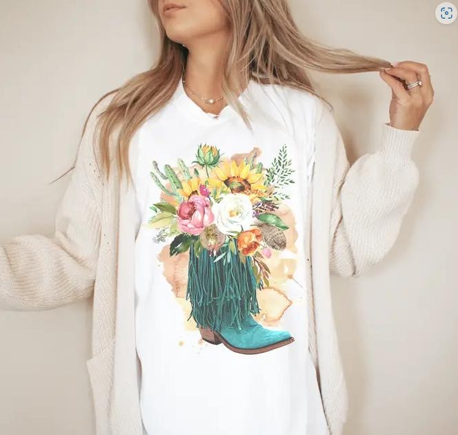 Cowboy Boots T-shirt Floral Country Tshirt Retro Boots Tee Cowgirl Flowers T-shirt Cowgirl Boots Tshirt Floral Cowboy Tee Top Womenswear Top Womenswear Breathable Comfortable Everyday Fit Soft Style