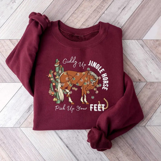 Cowboy Christmas Sweater, Giddy Up Jingle Horse Pick Up Your Feet, Howdy Country Christmas Horse, Cowgirl Shirt, Christmas Sweatshirt