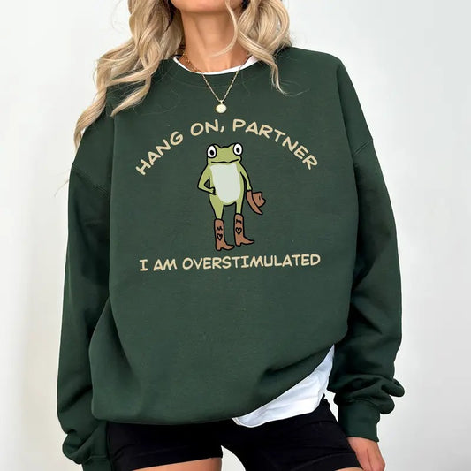 Cowboy Frog Hang On I'm Overstimulated Sweatshirt, Funny Western Rodeo Frog Sweater, Cool Frog Meme Tops, Weirdcore Gen Z Crewneck, Cotton Womenswear