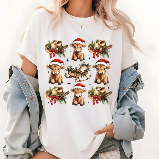 Cowboy Hat Highland Cow Christmas Shirt, Cute Christmas Shirt, Graphic Shirt Retro Adult Shirt Vintage T-Shirt Cotton Tee, Trendy T-Shirt, Funny Gift Soft Womenswear