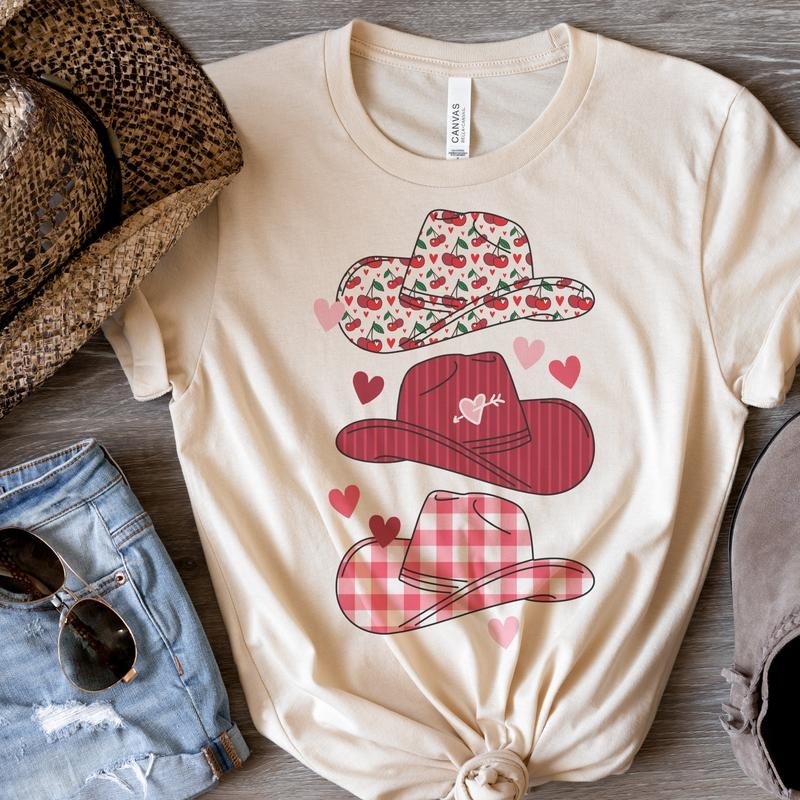 Cowboy Hat T-Shirt Valentines Day Tshirt Valentines Country Tee Country Southern Shirt Soft Print T-Shirt Cowgirl Boots Tshirt Sublimation Print Tee