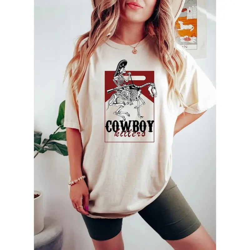 Cowboy Killer Graphic Tee - Rodeo Vintage T-Shirt - Cotton Tops for Women - Retro Style - Comfortable Cotton Fabric