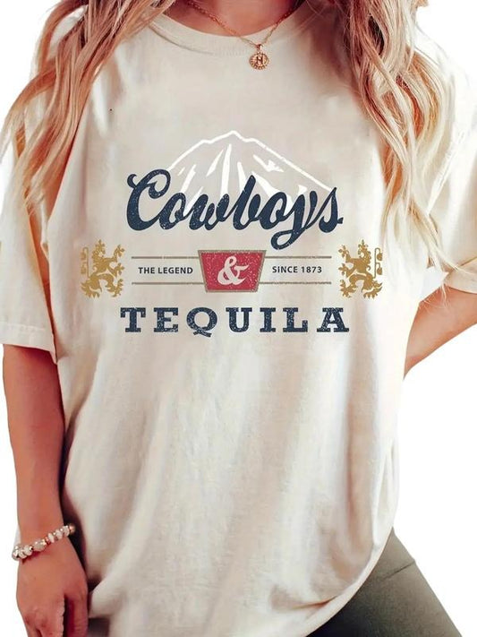 Cowboy Print Drop Shoulder T-shirt, Short Sleeve Crew Neck Casual Top For Spring & Summer, Women's Clothing Womenswear