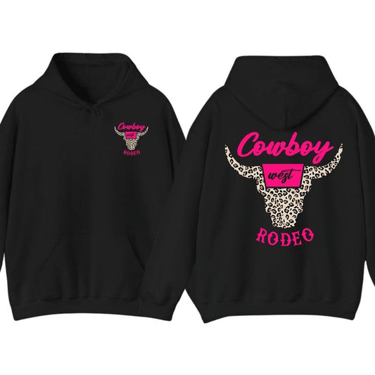 Cowboy Rodeo Hoodie & T-Shirt - Western Bull Skull with Pink Leopard Print, Trendy Graphic Streetwear for Rodeo Fans and Country Style Lovers