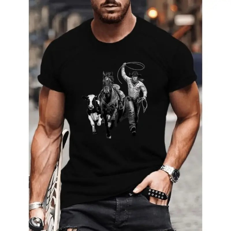Cowboy, Horse And Cow Print Tee Shirt, Men's Casual Short Sleeve Round Neck T-shirt, Comfy Versatile Outdoor Summer Top For Daily Wear Made In USA