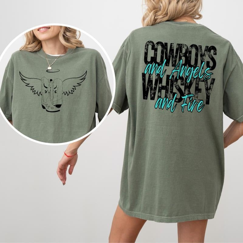 Cowboys and Angels ,Whiskey and Fire Tee Casual Cotton