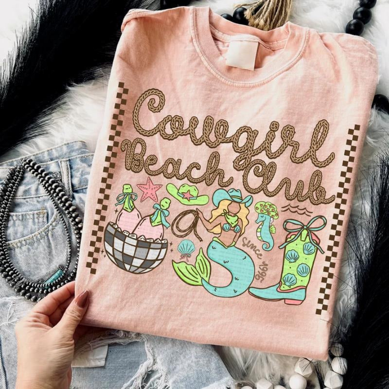 Cowgirl Beach Club Collage Tee, vintage crewneck sweatshirts,western outfits women, cowgirl outfits, western clothing stuff tops, country concert outfits, western tops clothes, country girl stuff