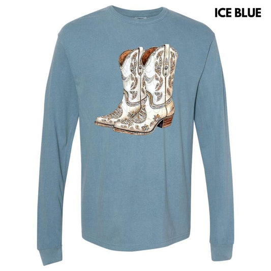 Cowgirl Boots Faux Rhinestone Long Sleeve Comfort Colors T-Shirt