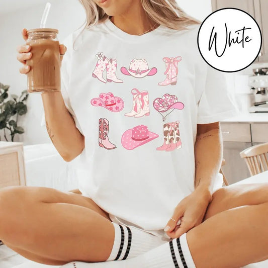 Cowgirl Boots and Hat Shirt - Pink Cotton Round Neck Tee - Unisex Western Graphic Design - Cute Country Crewneck Shirt for Womenswear