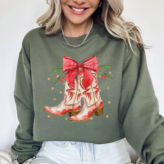 Cowgirl Boots, Cowboy, Bows, Mistletoe, Christmas, Santa, Country, Western, Xmas Sweatshirt, Women's Crew Neck, Crewneck