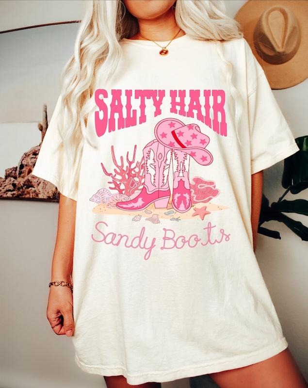 Cowgirl Summer T Shirt Hoodie Sweater, Western summer Shirt, Coastal Cowgirl Shirt, Retro Western Shirt, Trendy Summer Shirt Sublimation, Salty Hair Sandy Boots Shirt