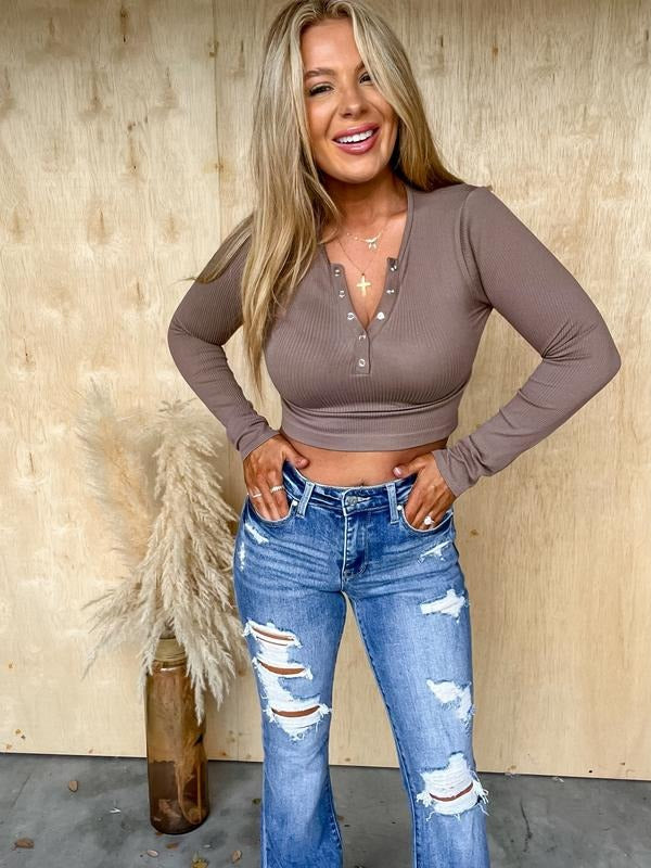 Cozy Callings Mocha Cropped Henley Top