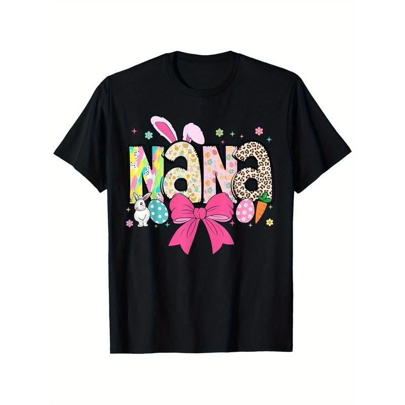 Cozy Comfort | Nana Bunny Rabbit Ears & Bow Mother's Day T-Shirt - Soft Cotton Black Graphic Tee with Easter Design, Gift for Men & Women made in usa
