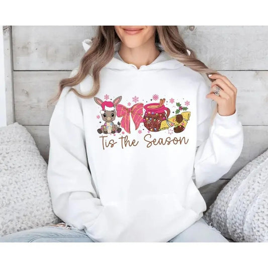 Cozy Coquette Christmas Shirt, Festive Mexican Sweater, Calories Don't Count Hoodie, Pink Spanish Tee with Tuki Donkey and Chocolate Abuelita Design