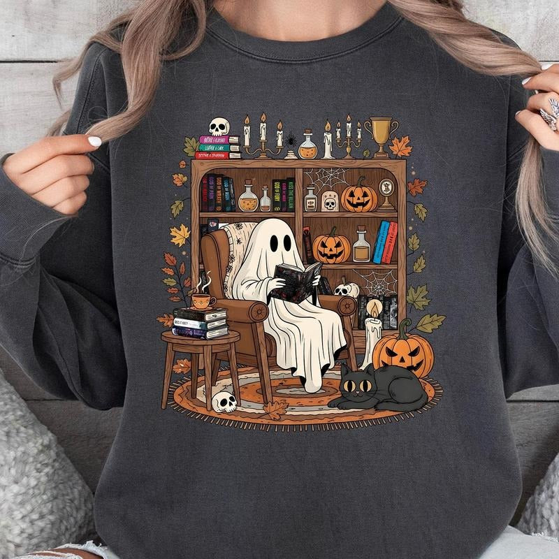 Cozy Ghost Reading Halloween Sweatshirt, Halloween Books Comfort Colors Sweater, Haunting Adeline Sweatshirt, Fall Library Boo Ghost Hoodie, Cute Spooky Bookshelf Tee