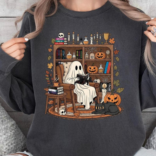 Cozy Ghost Reading Halloween Sweatshirt, Halloween Books Comfort Colors Sweater, Haunting Adeline Sweatshirt, Fall Library Boo Ghost Hoodie, Cute Spooky Bookshelf Tee