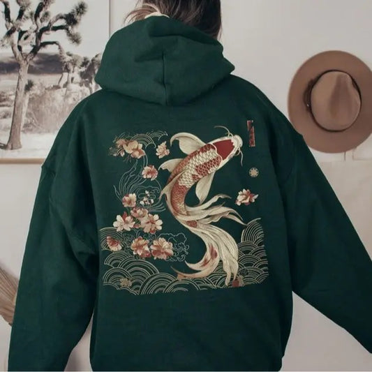 Cozy Vintage Japanese Koi Fish Hoodie, Unisex Hoodie, Nautical Animal Asian Art Nouveau Japan Hooded Sweater Pond Top Urban Unisex Spring Shirt Tokyo Style, Trendy Hoodie, Casual Hoodie