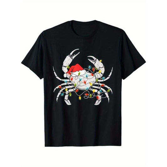 Crab Santa Hat Xmas Lights Sea Animal Lover Ugly Christmas T-Shirt, 100% Cotton, Gift for Men Women Dad Mom Friends, S-XXXL, Black made in usa