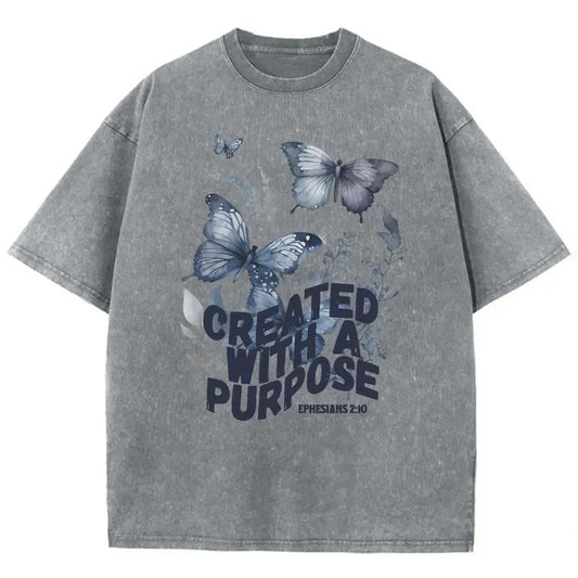 Created With A Purpose Unisex Washed T-Shirt, Christian Jesus  t shirts, Vintage 90s Graphic Tee Gift Cotton Top Womenswear, Mineral color