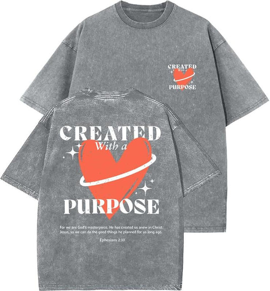 Created With A Purpose Unisex Washed T-Shirt, Christian t shirts, Vintage 90s Graphic Tee, Gift Top Womenswear Cotton Mineral Color