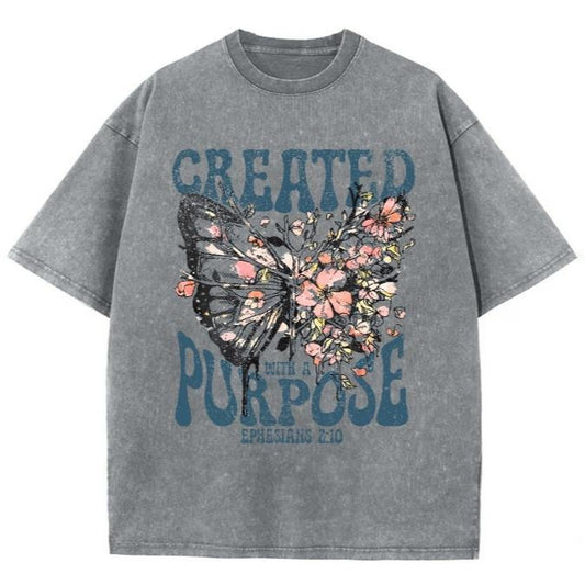 Created With Purpose Unisex Washed T-Shirt, Christian Tshirts, Christian Jesus  t shirts, Vintage 90s Graphic Tee Gift Cotton Top, Mineral color