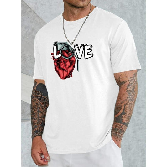 Creative Love Print, Men's Crew Neck Short Sleeve T-shirt, Stylish & Trendy & Cozy For Casual Summer Wear Made in USA