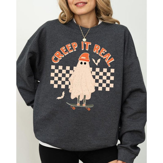 Creep It Real, Retro Ghost, Skeleton, Funny, Spooky, Witch, Aesthetic, Meme, Halloween, Costume Sweatshirt