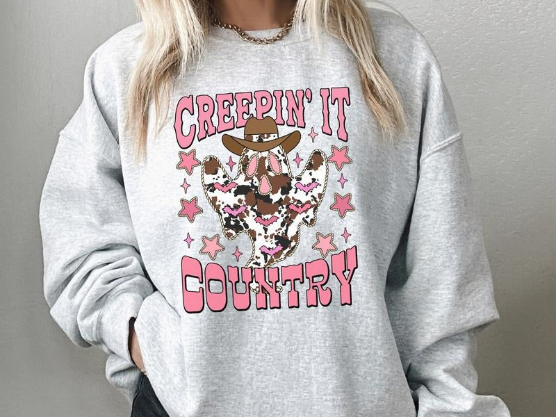 Creepin It Country Leopard Ghost Sweatshirt in Ash, Halloween Sweatshirt in Western Style