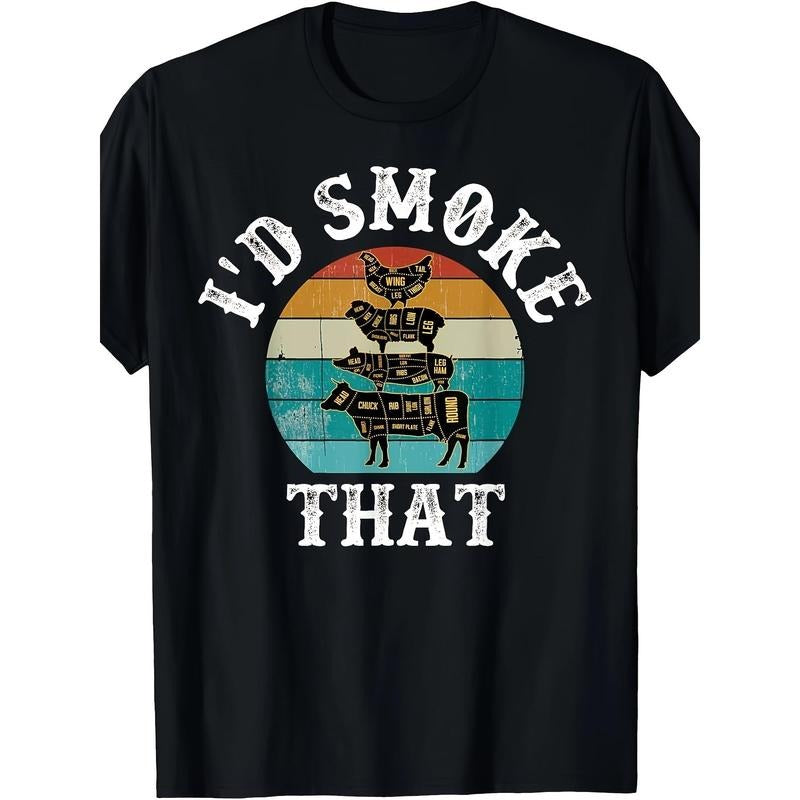 Crew-neck Casual Men's T-shirtFunny Retro BBQ Party Smoker Chef Dad Graphic T-Shirt - Men's Casual Crew Neck Tee For BBQ Lovers, Funny Gift Idea For Dads, Smoker Enthusiasts, And Outdoor Cooking Fans - Humorous I'd Smoke That Design made in usa