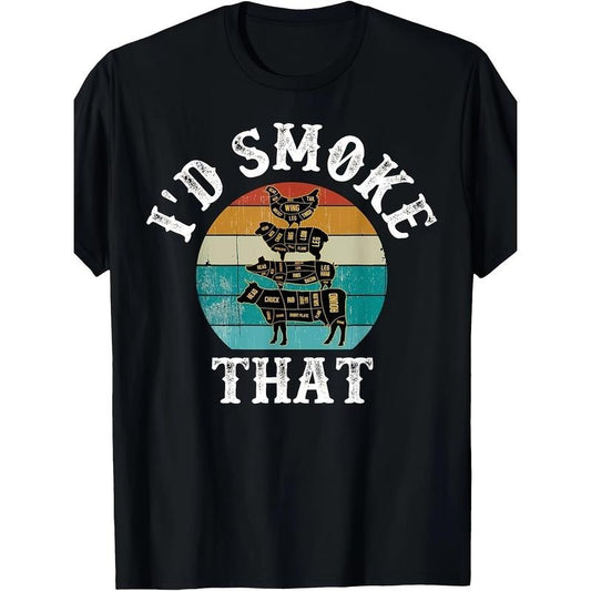 Crew-neck Casual Men's T-shirtFunny Retro BBQ Party Smoker Chef Dad Graphic T-Shirt - Men's Casual Crew Neck Tee For BBQ Lovers, Funny Gift Idea For Dads, Smoker Enthusiasts, And Outdoor Cooking Fans - Humorous I'd Smoke That Design made in usa