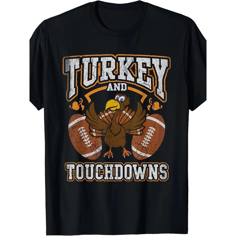Crew-neck Casual Men's T-shirtThanksgiving Turkey And Touchdown Football Men's T-shirt - 220g made in usa