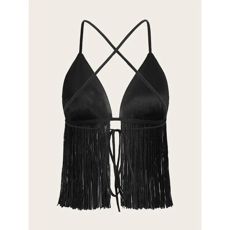 Crisscross Tie Backless Fringe Hem Sleeveless Satin Crop Cami TopY2K