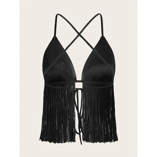 Crisscross Tie Backless Fringe Hem Sleeveless Satin Crop Cami TopY2K