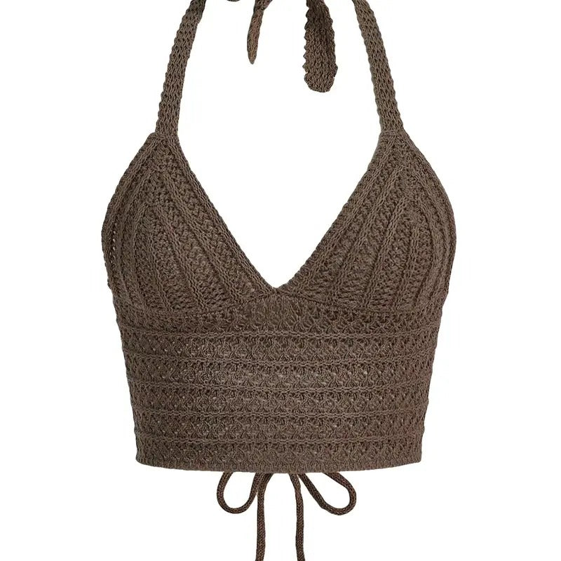 Crochet Halter Crop Tops Summer Knitted V Neck Sleeveless Camisole Y2K Top