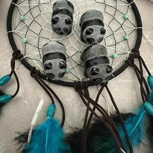 Crystal Figures Decorated with Panda Motif and Blue Feathers on a Dreamcatcher Design