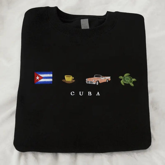 Cuba Embroidered Sweatshirt, Island, Caribbean, Perla del Caribe, Cafecito, Almendron, Classic Car, Sea Turtle, Cotton, Black, Cream Beige, Crewneck, Flag, Bordado, Latin, Orgullo