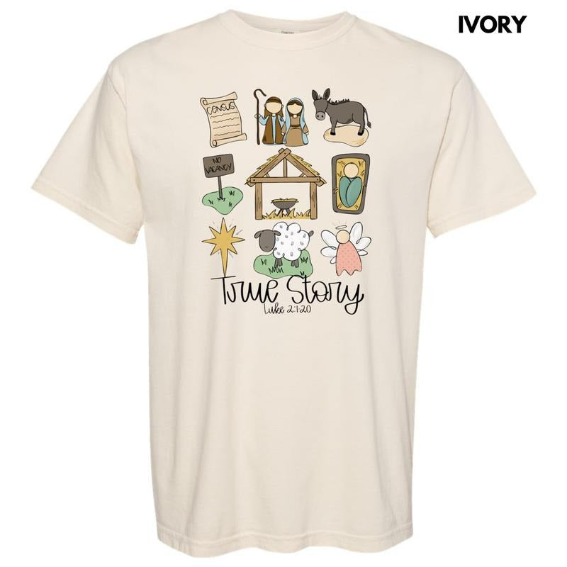 Cursive True Story Nativity Collage Comfort Colors T-Shirt