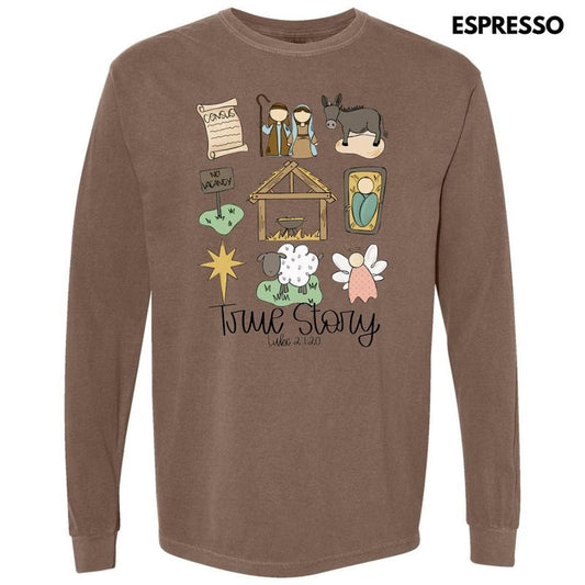 Cursive True Story Nativity Collage Long Sleeve Comfort Colors T-Shirt