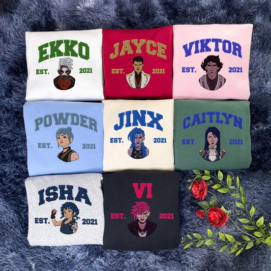 Custom Arcane Characters Embroidered Sweatshirt, Jinx Vi Caitlyn Isha Embroidery Hoodie, Arcane Movie Shirt